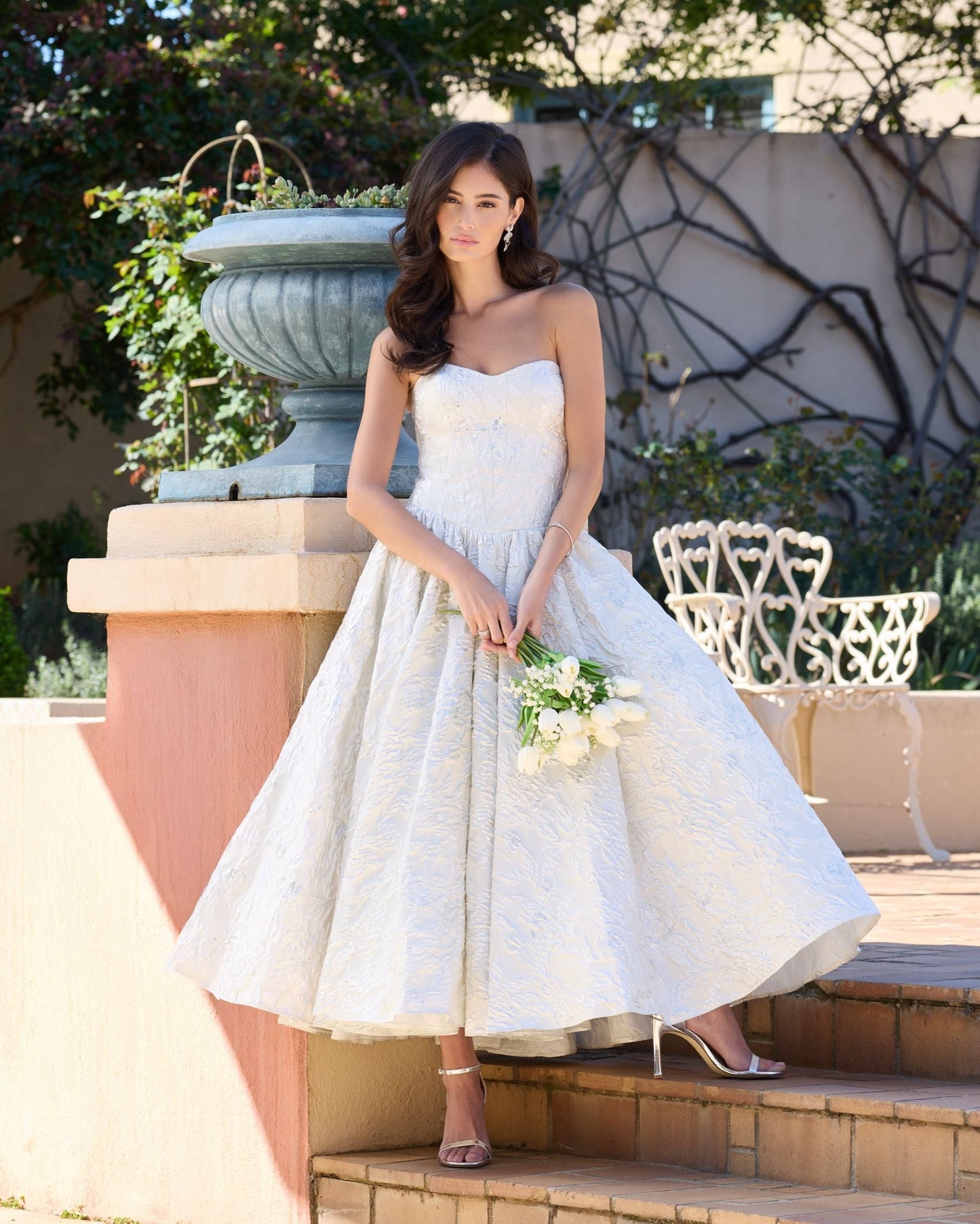 Ivory Strapless Brocade Tea Length Dress