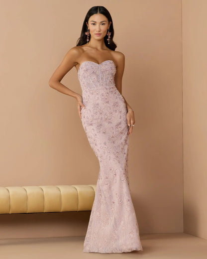 Embellished Strapless Bustier Gown With Sweeping Train