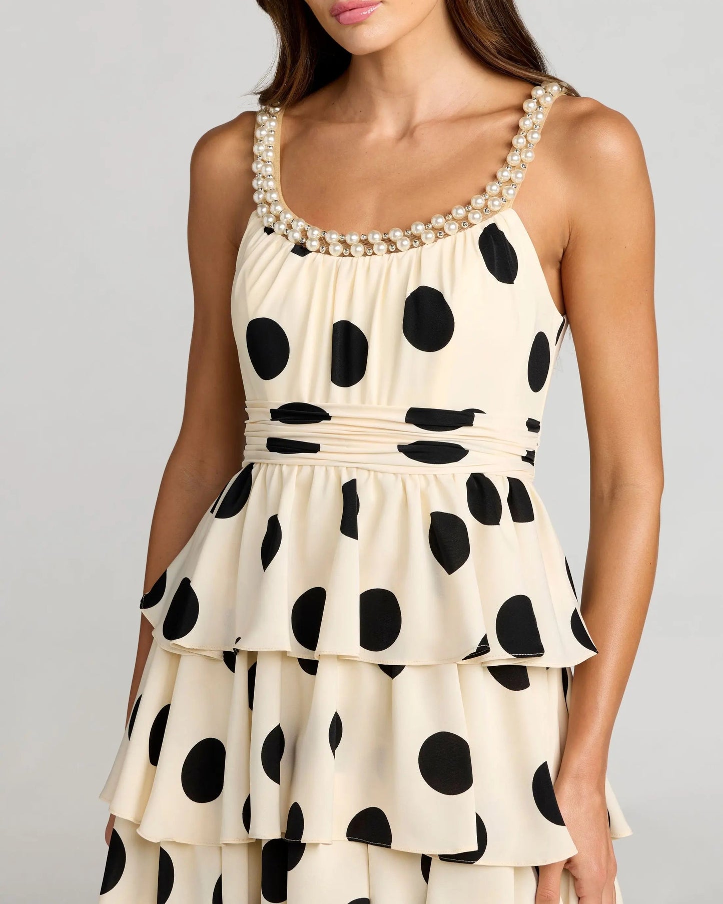 Beige Pearl Embellished Polka Dot Midi Dress