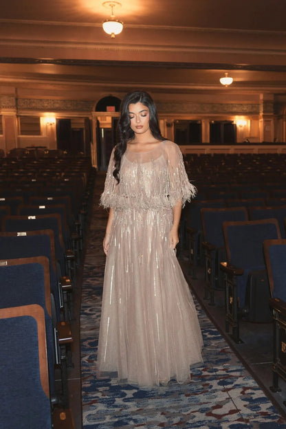 Beige Embellished A Line Gown with Feather Detail Cape