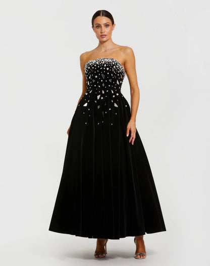 Black Velvet Strapless A-Line Midi Dress with Embellishments