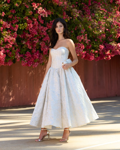 Ivory Strapless Brocade Tea Length Dress