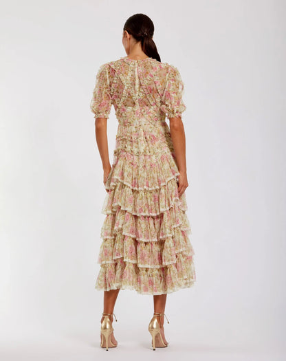 Beige Floral High Neck Midi Dress with Lace Trim