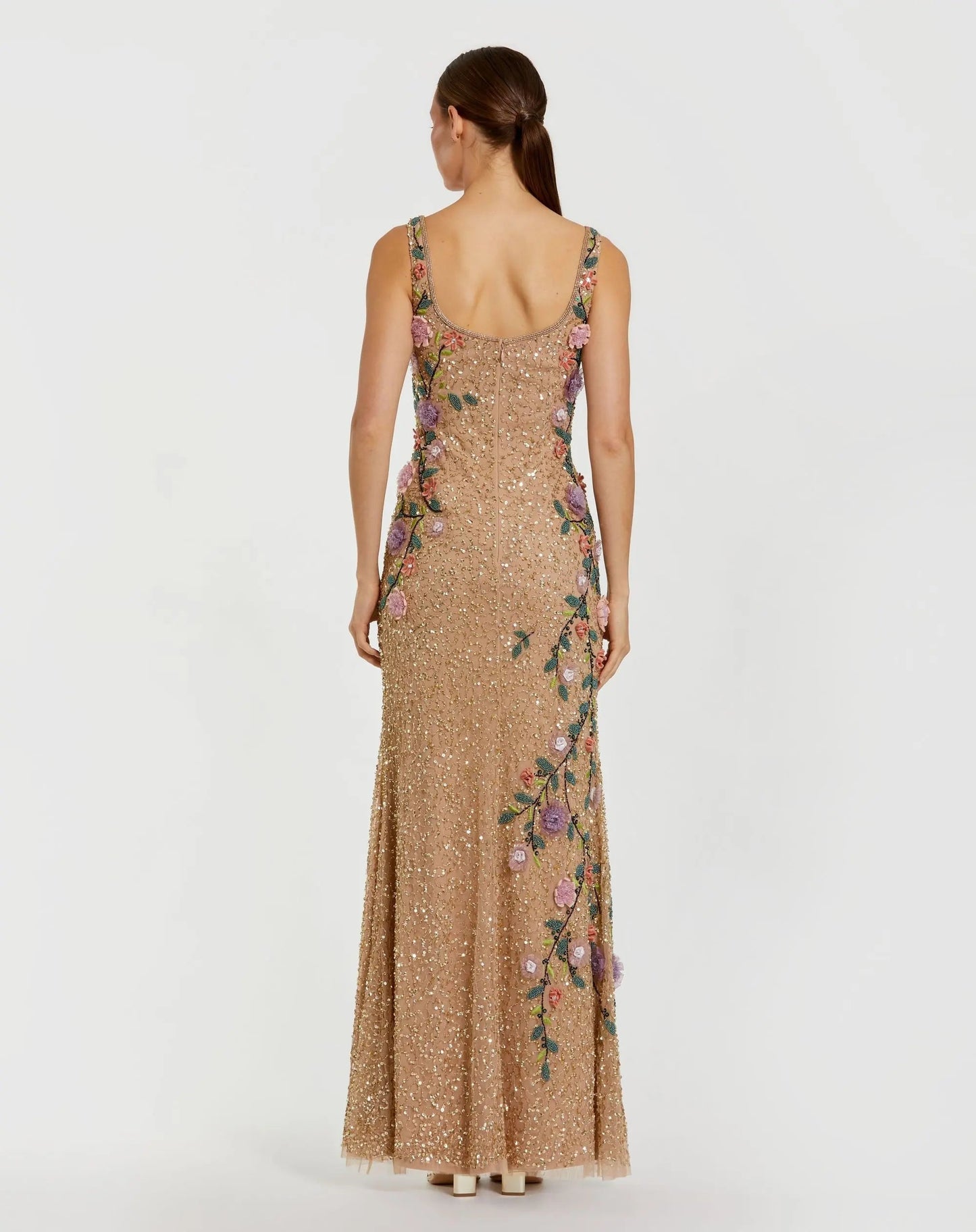 Beige Floral Beaded Scoop Neck Sleeveless Gown
