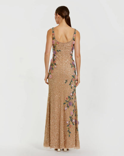 Beige Floral Beaded Scoop Neck Sleeveless Gown
