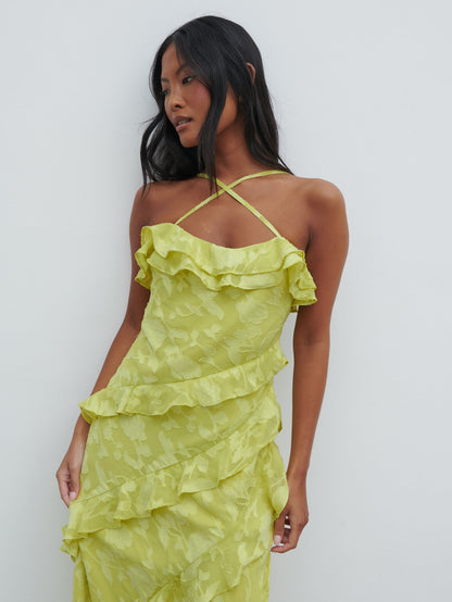 Aryana Jacquard Ruffle Midaxi Dress - Chartreuse