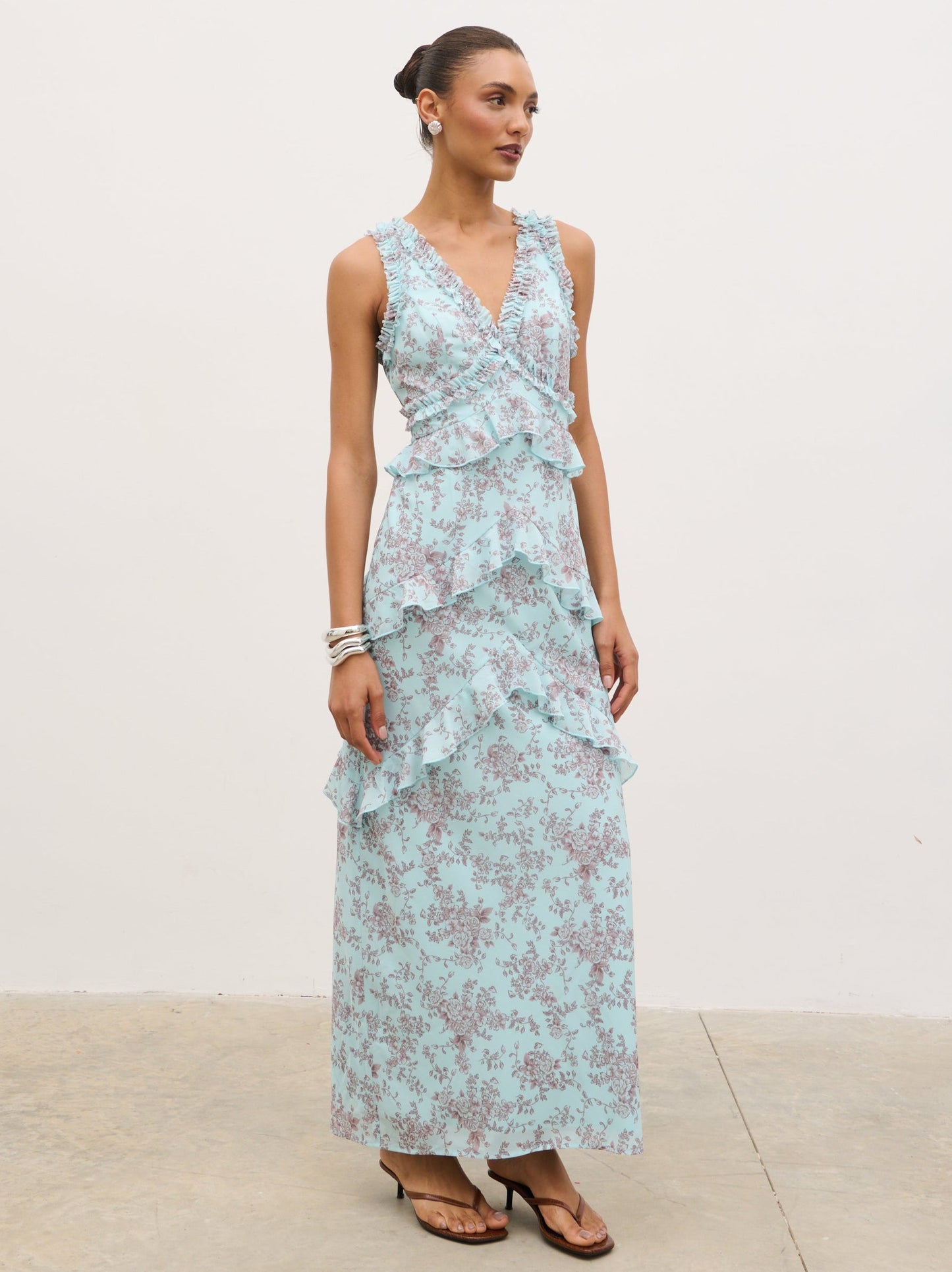 Aurelia Ruffle Maxi Dress - Seaspray and Brown Floral
