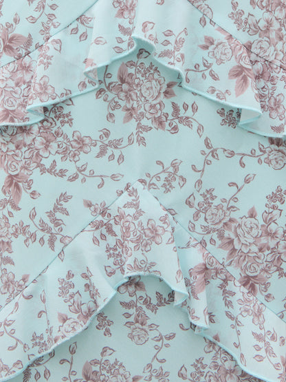 Aurelia Ruffle Maxi Dress - Seaspray and Brown Floral