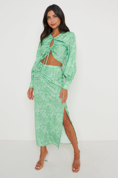 Bec Ruched Waist Midaxi Skirt - Green Abstract Floral