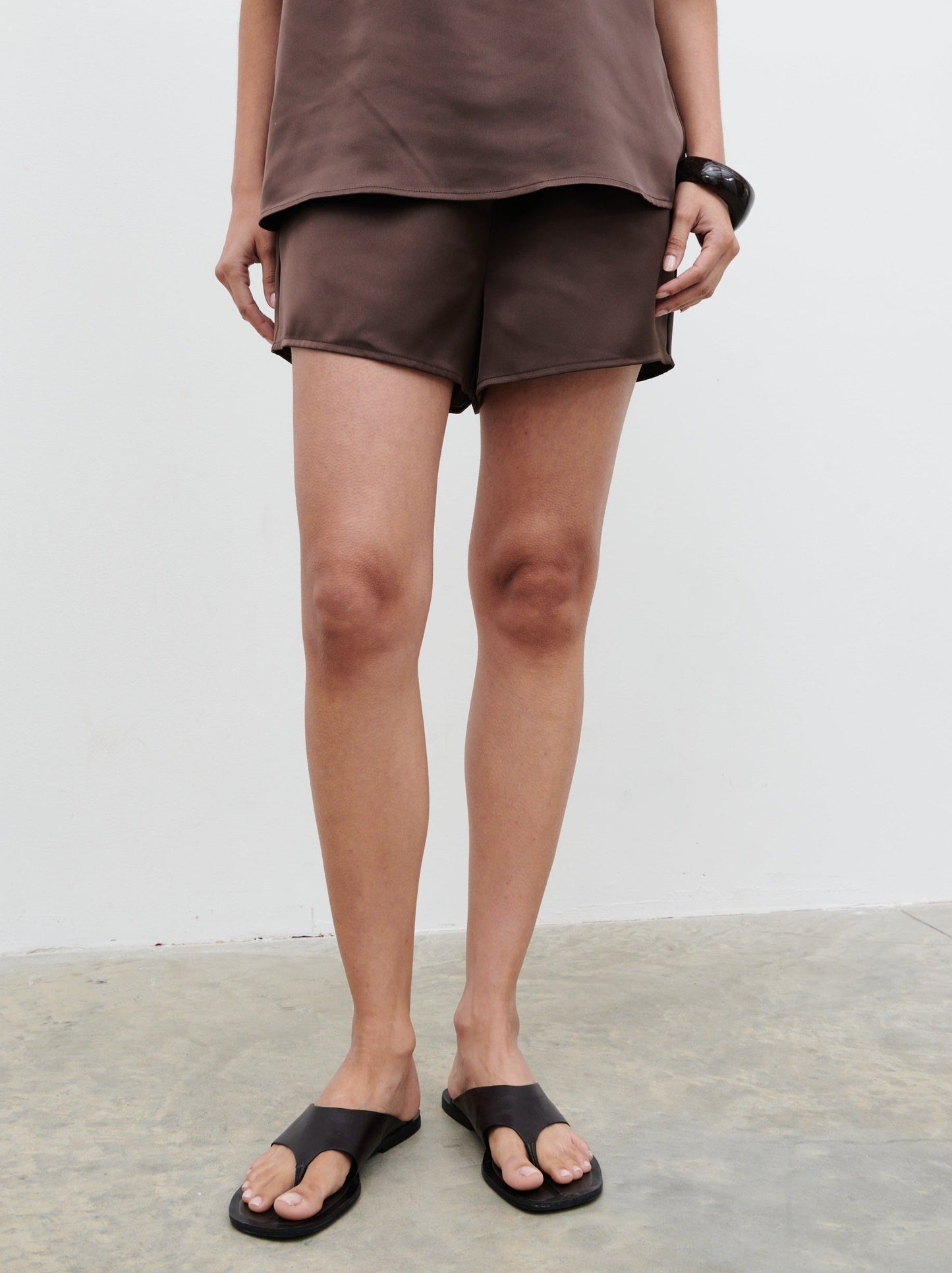 Breya Satin Drawstring Shorts - Chocolate Brown