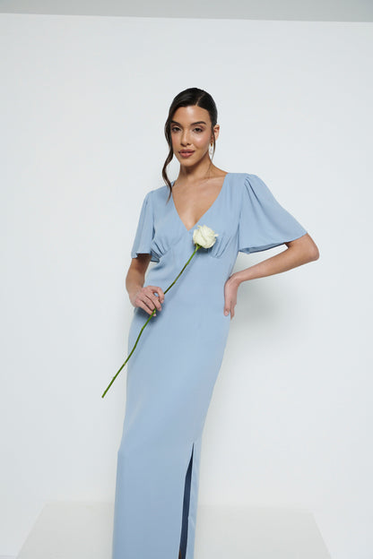 Edie Chiffon Short Sleeve Maxi Bridesmaid Dress - Dusty Blue