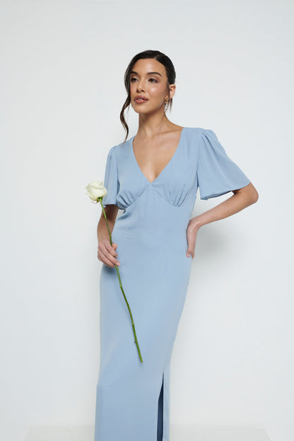 Edie Chiffon Short Sleeve Maxi Bridesmaid Dress - Dusty Blue