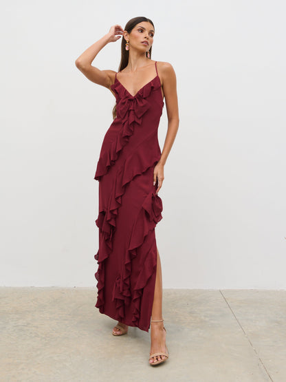 Elle Ruffle Bow Maxi Dress - Wine