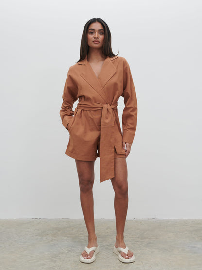 Emilie Belted Playsuit - Biscuit
