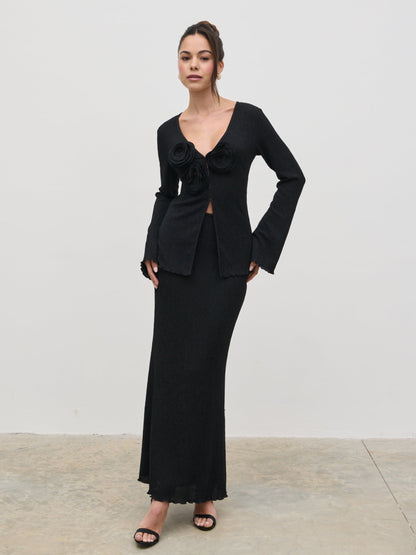 Evalina Crinkle Corsage Detail Top - Black