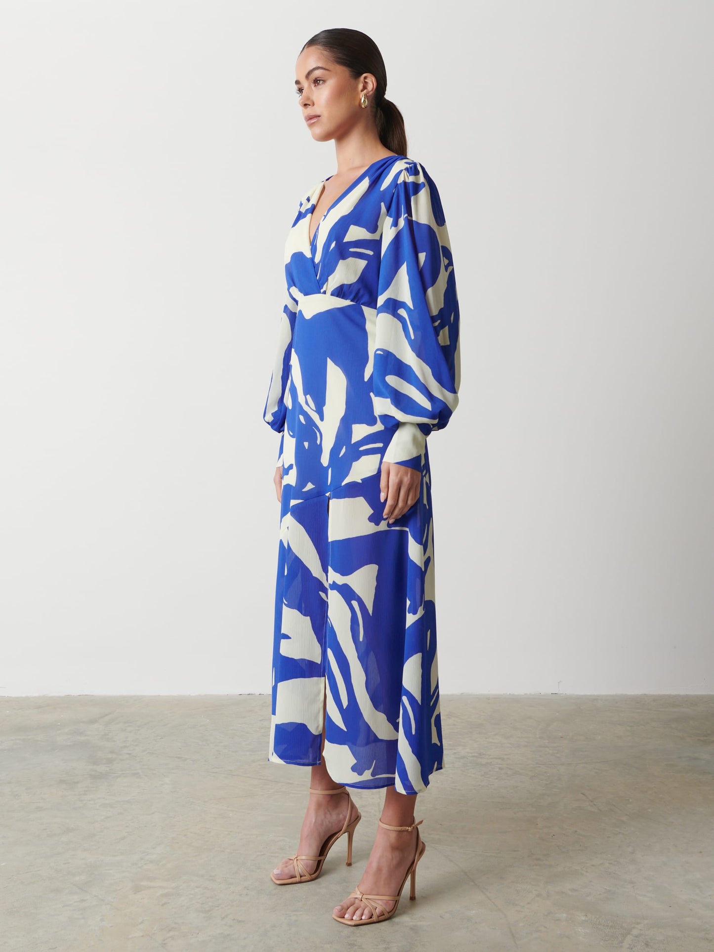 Lilianna Backless Balloon Sleeve Printed Dress - Blue Abstract