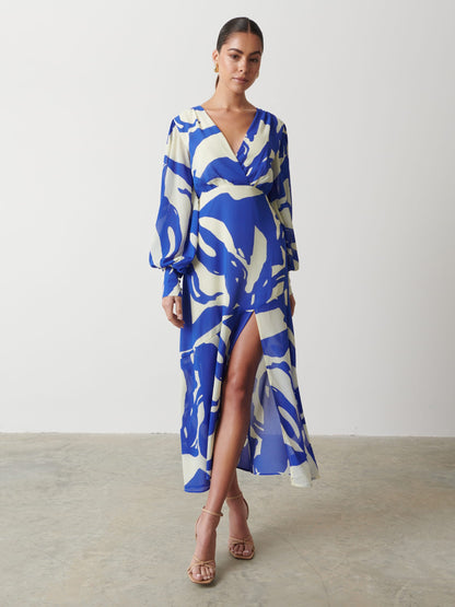 Lilianna Backless Balloon Sleeve Printed Dress - Blue Abstract