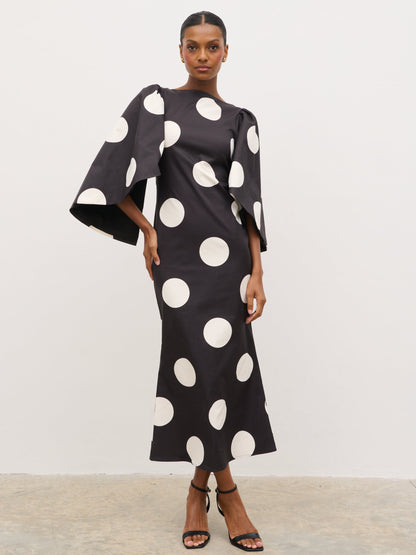 Liora A-Line Midaxi Dress - Black and Cream Polkadot