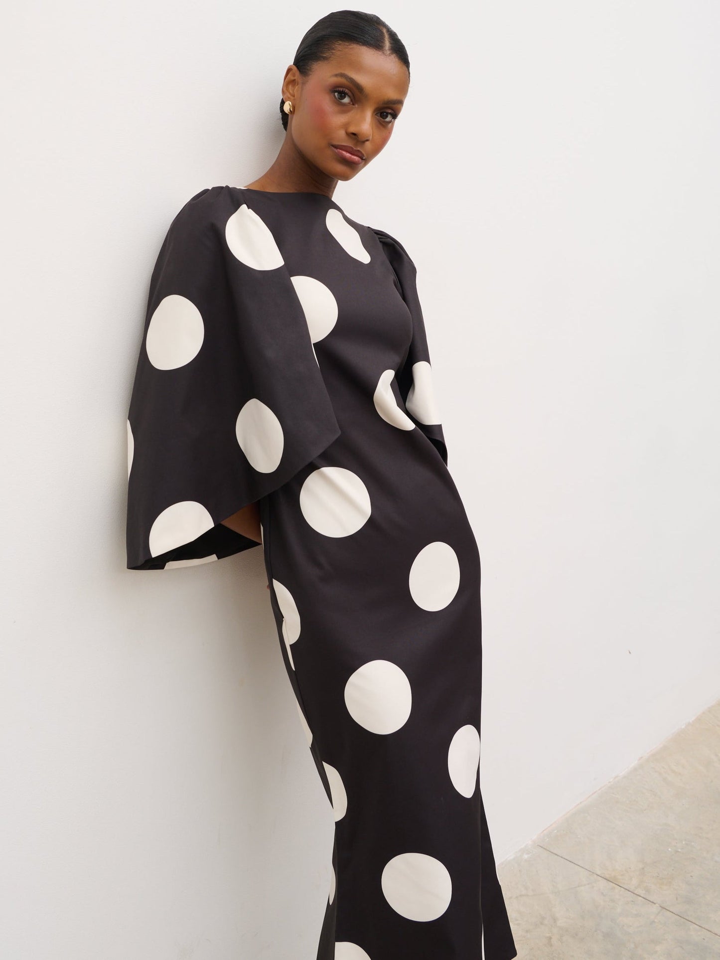Liora A-Line Midaxi Dress - Black and Cream Polkadot