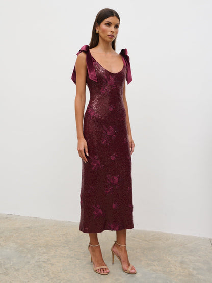 Romy Tie Sequin Midaxi Dress - Wine Floral Sequin