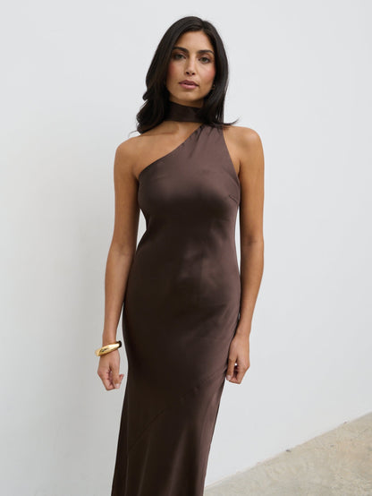 Sheree One Shoulder Sash Maxi Dress - Chocolate Brown