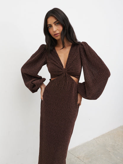 Zaya Lurex Metallic Maxi Dress - Brown